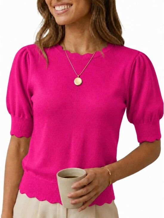 Sweaters - Women's Rose Red Short Sleeve Crew Neck Pull On Imported Casual Sweater